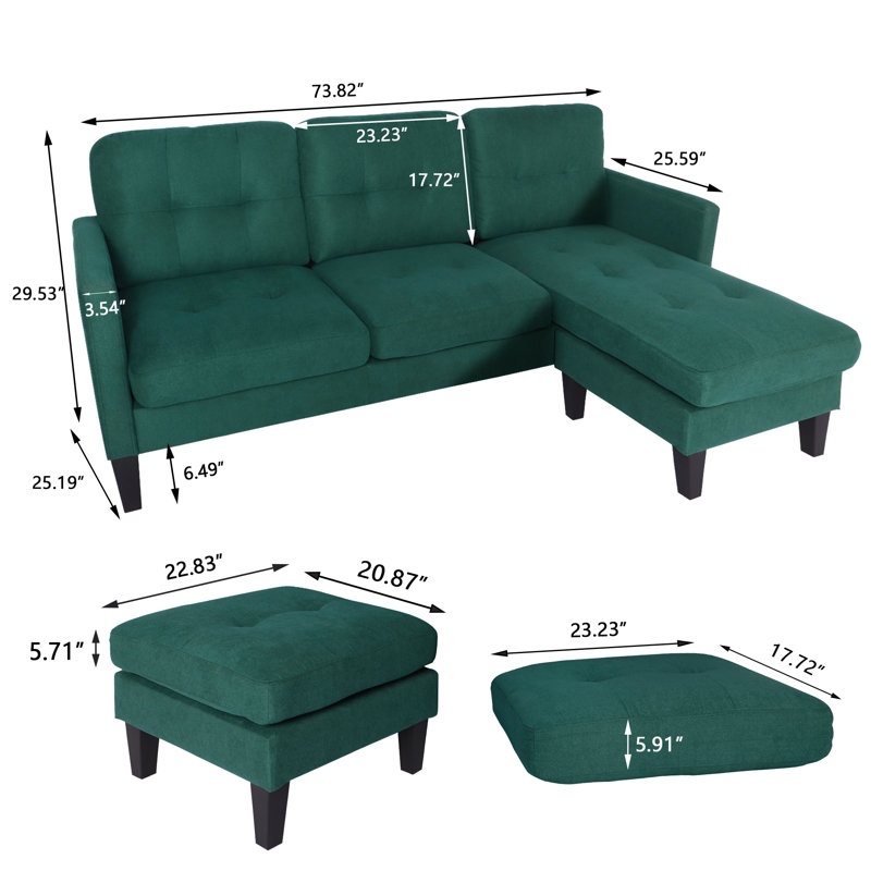 Videlle 73.8" Wide Reversible Sofa & Chaise with Ottoman, Blackish Green Linen