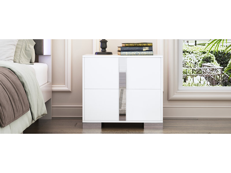 Table de chevet moderne avec 2 tiroirs, panneau de fibres à densité moyenne et détails métalliques Marlow, Blanc