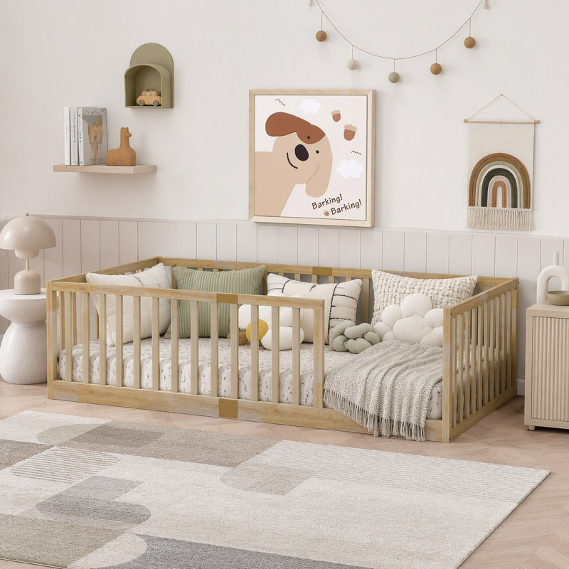 Lit sur pied avec garde-corps haute, Naturel, Lit simple