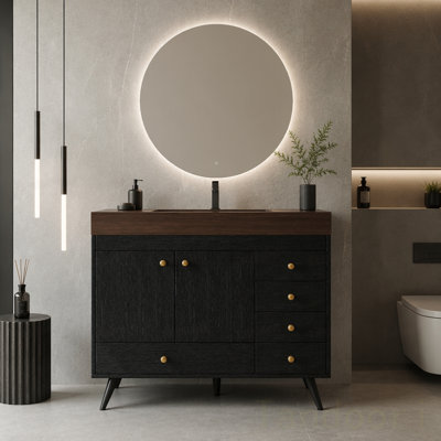 Meuble-lavabo autoportant avec comptoir en faux marbre, lavabo en céramique, 5 tiroirs et pieds en acier inoxydable
