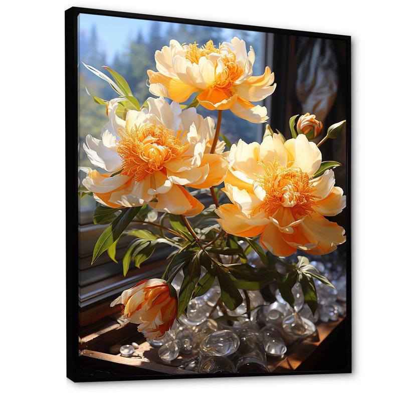 Art floral jaune pivoines jaunes, Cadre flottant noir, H 44 po x l 34 po x P 1,5 po