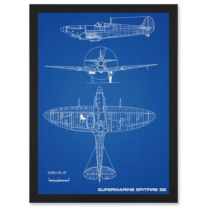Supermarine Spitfire 5B Fighter Plane Blueprint Plan - Single Picture Frame Art Prints