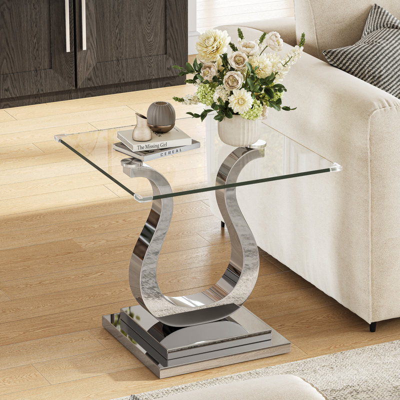 Ensemble de 2 tables d'appoint carrées modernes avec plateaux en verre, plateaux en verre trempé transparent de 22,83 po et bases incurvées en acier inoxydable poli