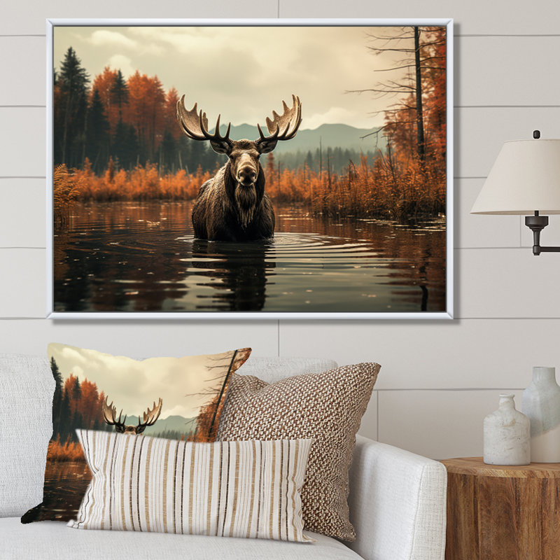 «Brown Orange Moose Autumn Palette», reproduction d'art sur toile, H 30 po x l 40 po x P 1,5 po, Cadre flottant blanc