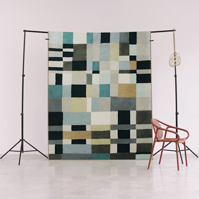 Blue-Black Themed Line Mixed Geometric Shape Patterned Modern Decorative Rug