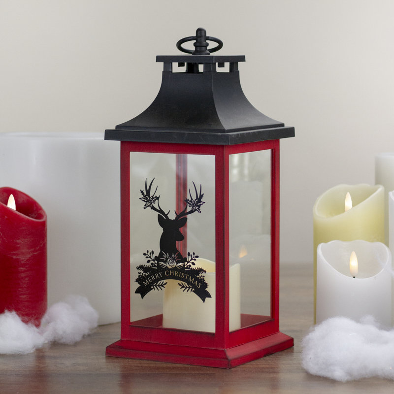 Bougie 12 "à DEL rouge et noire avec lanterne de Noël cerf