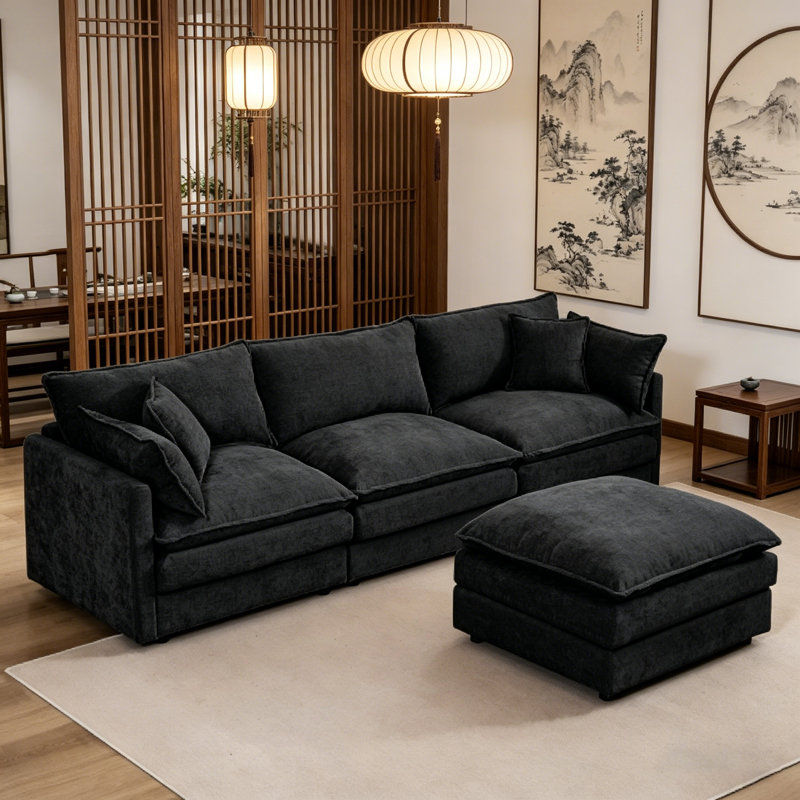 3-Seater Comfy Cloud Couches With Movable Ottoman, Black