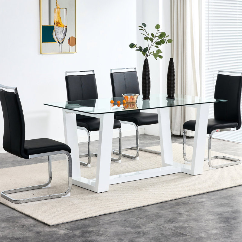 Table de salle à manger rectangulaire en verre blanc, convenant à une utilisation quotidienne de style moderne pour 6 à 8 personnes, 0,4 po trempé et support