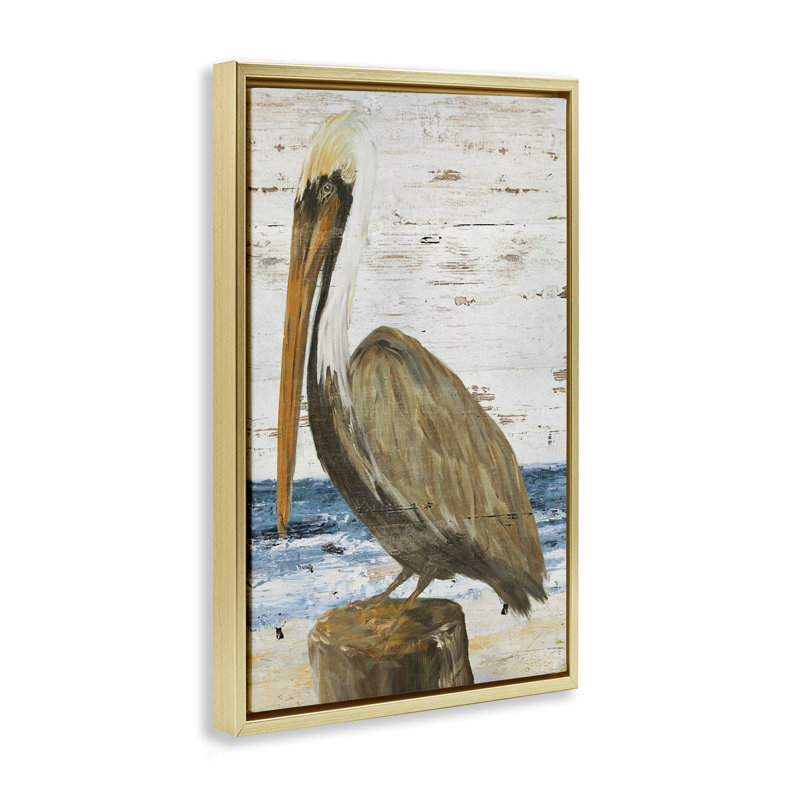 «Rustic Ocean Pelican Brown», toile flottante encadrée par Julie DeRice, Cadre flottant métallique doré, H 25 po x l 17 po