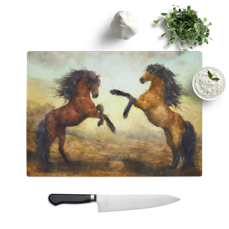 Tempered Glass Two Wild Stallion Horses Painting Chopping Board, 20 cm x 28.5 cm