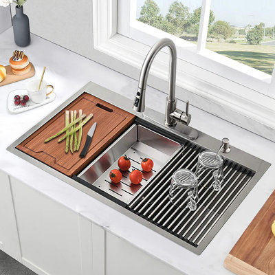 Stainless Steel 30 In 2-Hole Single Bowl Drop-In Workstation Kitchen Sink With Bottom Grid And Basket Strainer