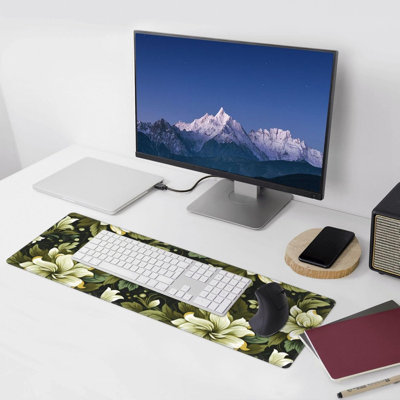 Tapis de souris vert floral 15,75 x 31,5 po | Grand tapis de bureau pour le jeu, le travail et la maison - surface durable et antidérapante avec verrouillage précis des bords