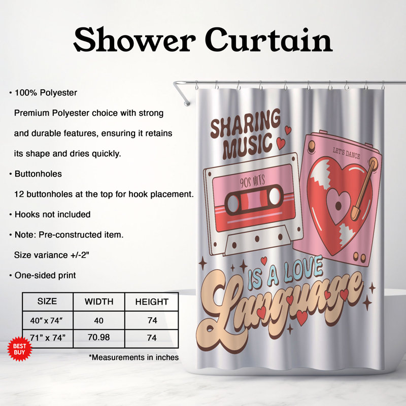 Rideau de douche standard 1 pièce Music Love, H 74 po x l 71 po
