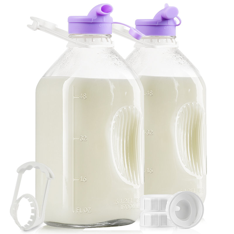 2 bouteilles de lait en verre réutilisables 64 oz avec poignée, couvercle et bec verseur Syntic