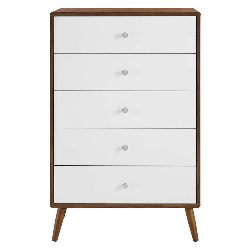 Mid-Century White and Walnut 5-Drawer Dresser with Chrome Pulls