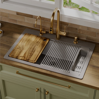 Karran 33" Top Mount Single Bowl Quartz Kitchen Sink Kit in Grey