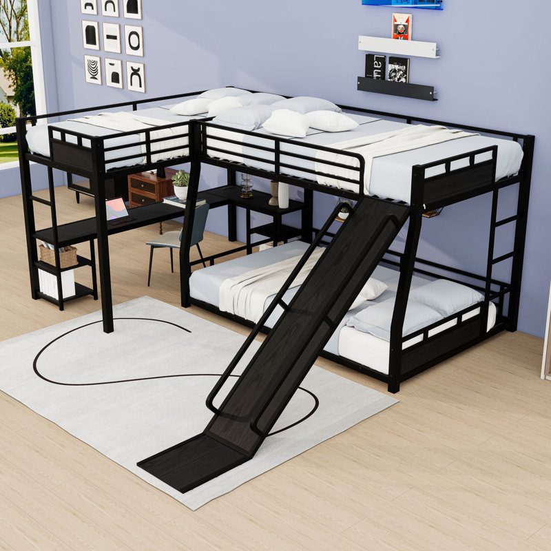 Lit superposé avec glissière intégrée et bureau en L, Lit double TG au-dessus d'un grand lit / lit simpl