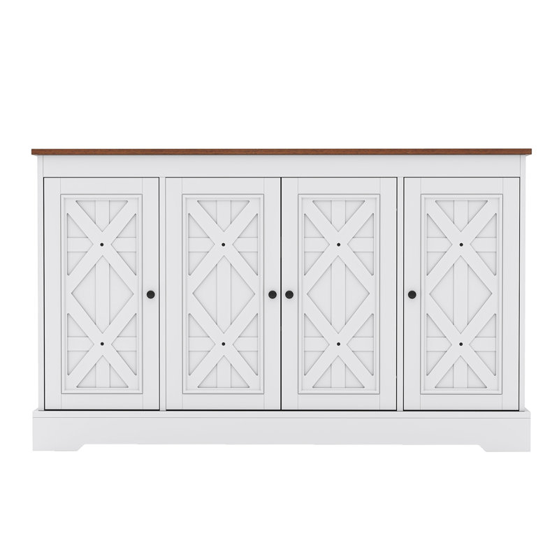  Farmhouse Coffee Bar Buffet Cabinet With 4 Doors & Adjustable Shelves, 59" Sideboard For Kitchen, Living Room (White)