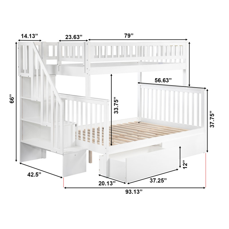 Lit superposé en bois avec escalier et tiroirs Ilariana, Simple sur double, Blanc