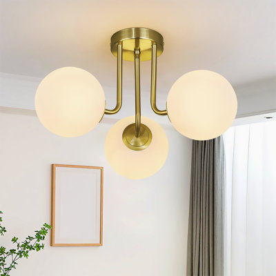 Plafonnier semi-encastré 3 lumières avec abat-jour en verre blanc