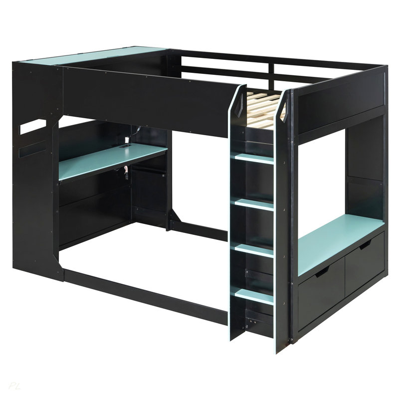 Lit mezzanine en bois avec bureau réglable en hauteur, tiroirs, compartiments de rangement, tringle et lumières RVB, Blue