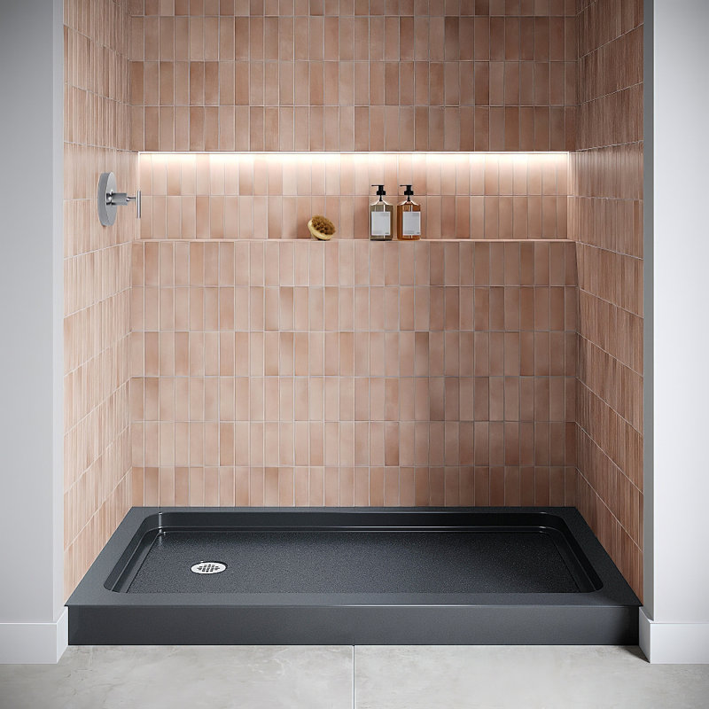 Base de douche 60 po x 36 po en alcôve en acrylique noir brillant avec drain à gauche, drain inclus, Noir lustré
