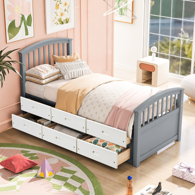 Lit simple, 6 tiroirs, bois de pin massif, 10 lattes, taille standard pour chambre à coucher, support à lattes