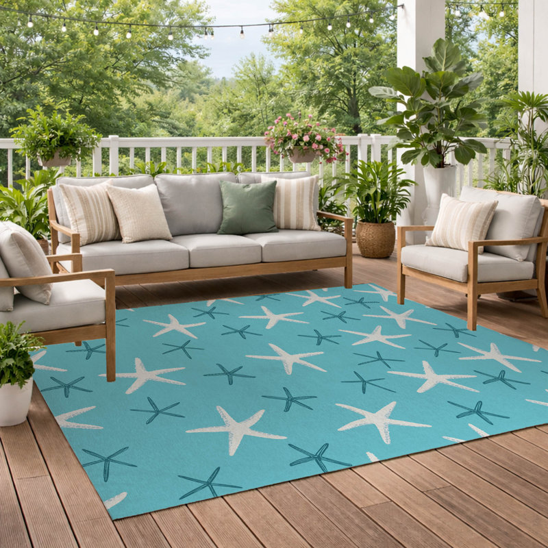 Starfish Decorative Outdoor Rug, Blue, Rectangle 5' x 7'