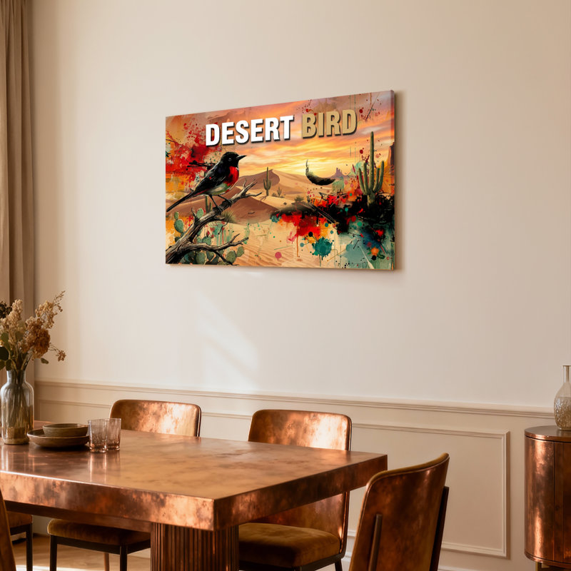 Tableau sur toile tendue représentant un paysage désertique avec des oiseaux, des cactus et un coucher de soleil, idéal pour décorer un salon ou une chambre.