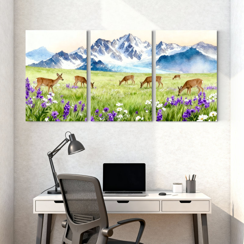 «Landscape & Nature Deer Meadow Flowers Mountains Reflection», ensemble de 3 reproductions d'art sur toile, H 30 po x l 60 po