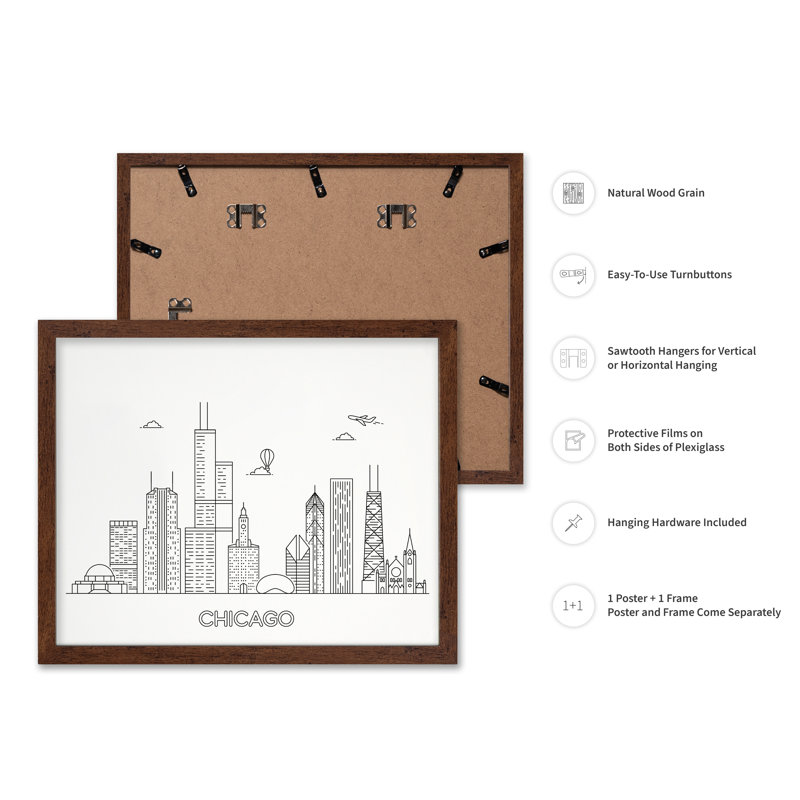Chicago Skyline No2, Poster, 24"H x 32"W, Brown Framed