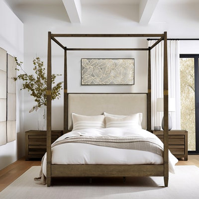 Lit à baldaquin grand avec pieds en bois massif - Finition brune en tissu tissé et tête de lit en tissu de contreplaqué rembourré de mousse