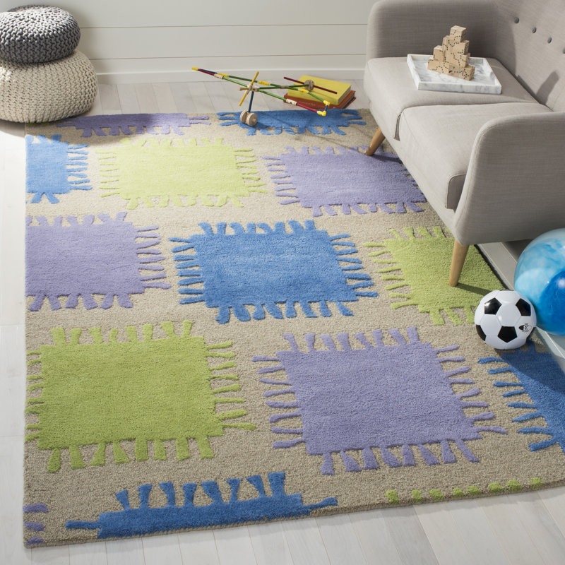 Kruetzen Abstract Handmade Tufted Wool/Cotton Beige/Blue/Green Area Rug, Rectangle 8' x 10'
