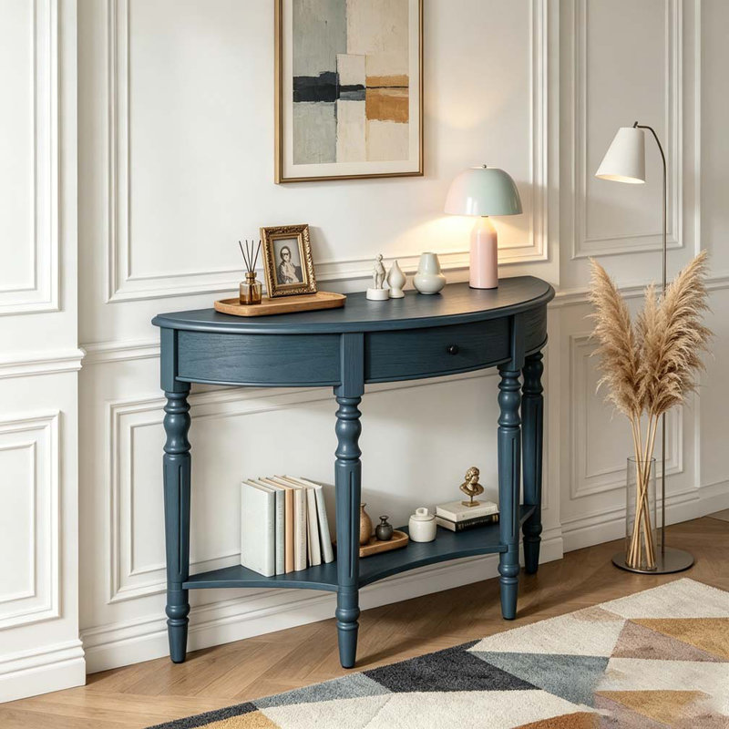 Console demi-lune avec tiroir et tablette, Marine