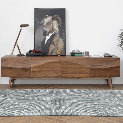 Mid-Century TV Stand, Modern Wood TV Console with Cabinets Storage, Ripple Doors, Wood Legs