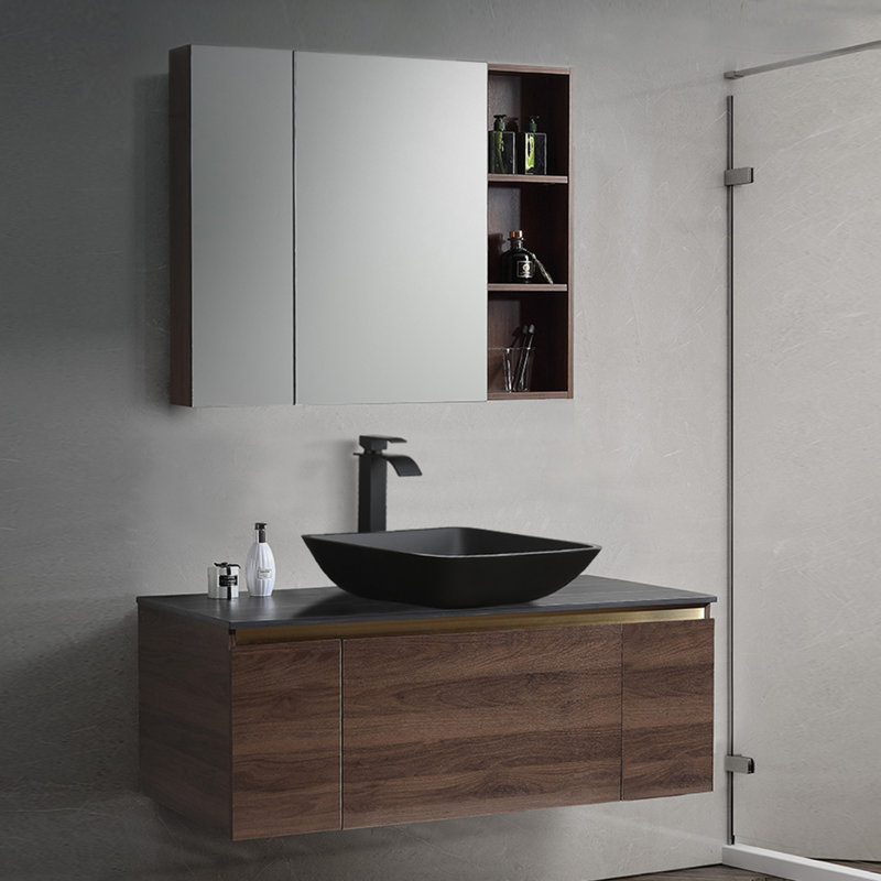 Lavabo de salle de bain vasque rectangulaire en verre fait à la main avec robinet, Noir