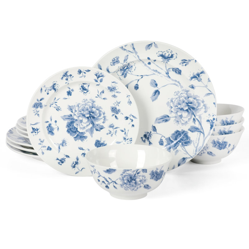 Martha Stewart Porcelain China Dinnerware Set - Service for 4, Blue Floral