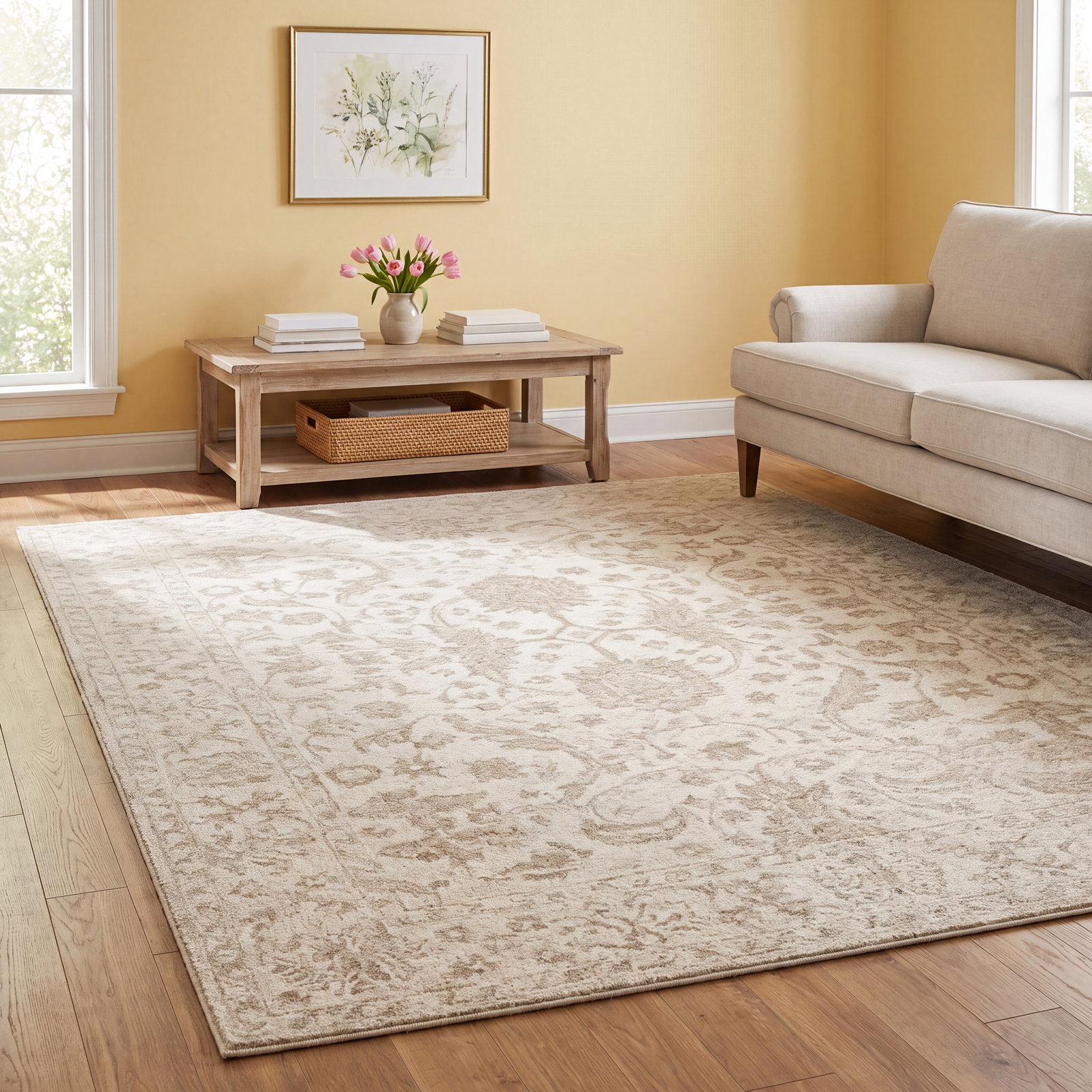 Cece Beige Hand-Tufted Wool Floral Rug, Rectangle 3'6" x 5'6"