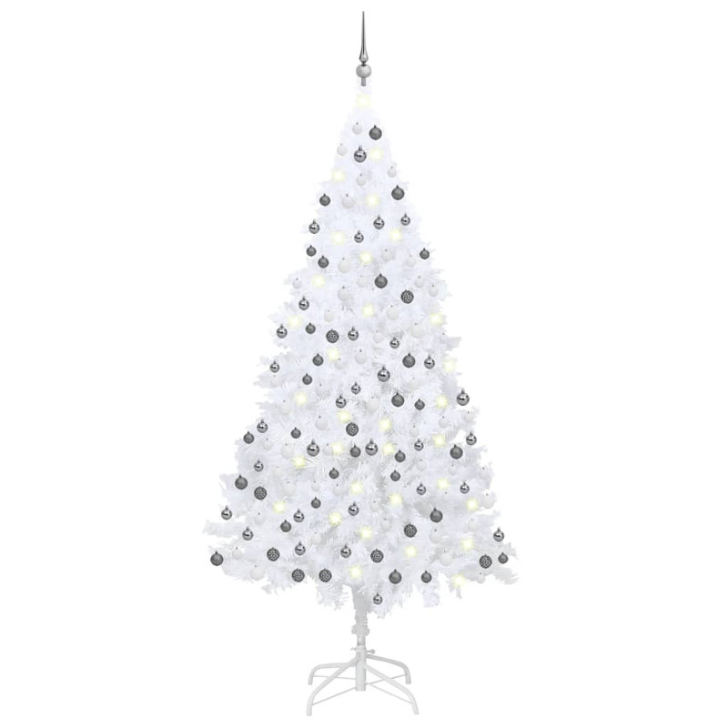 Arbre de Noël artificiel avec lumières, 59.1", Blanc, avec 61 boules blanches / grises