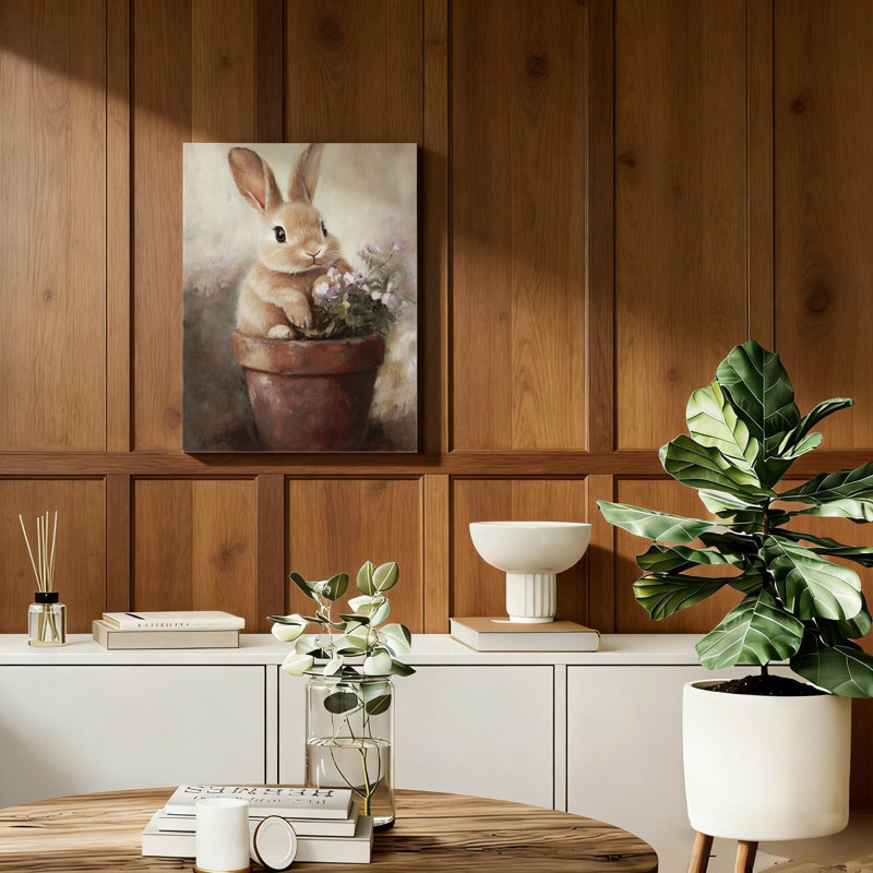 «Brown Lapin mignon dans un pot de fleur, cadre en bois massif, art mural, 24 x 16 po, décoration intérieure