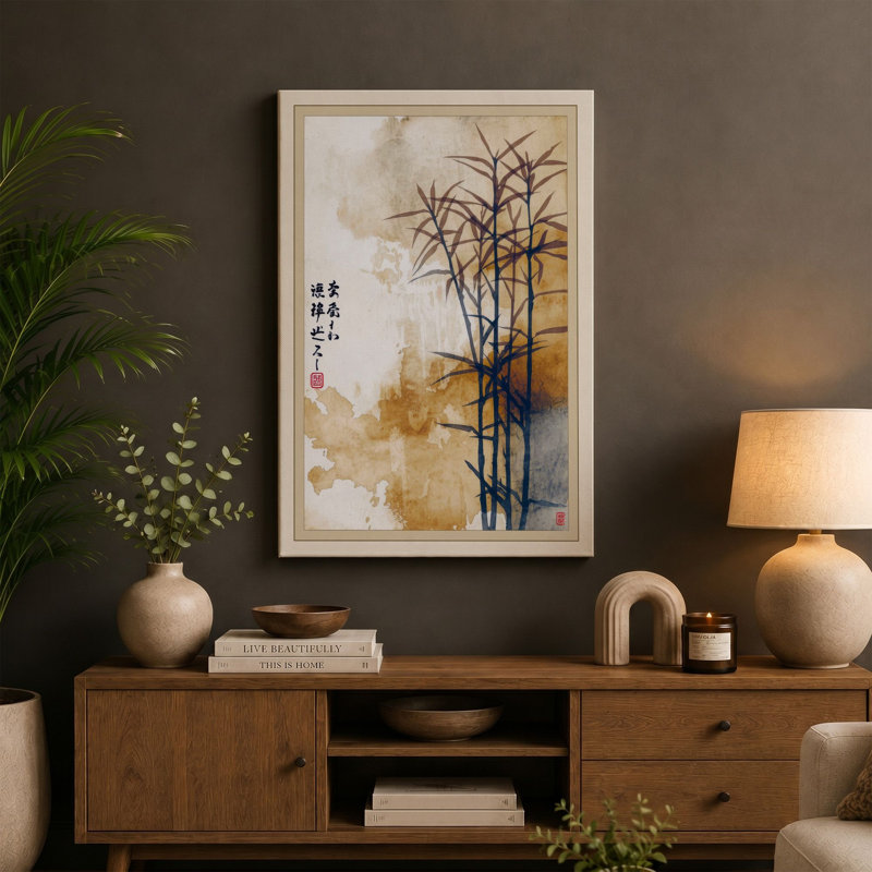 Bamboo in Mist Japandi - Wrapped Canvas, 30x20 - 76.2 x 50.8 cm, Taupe Border