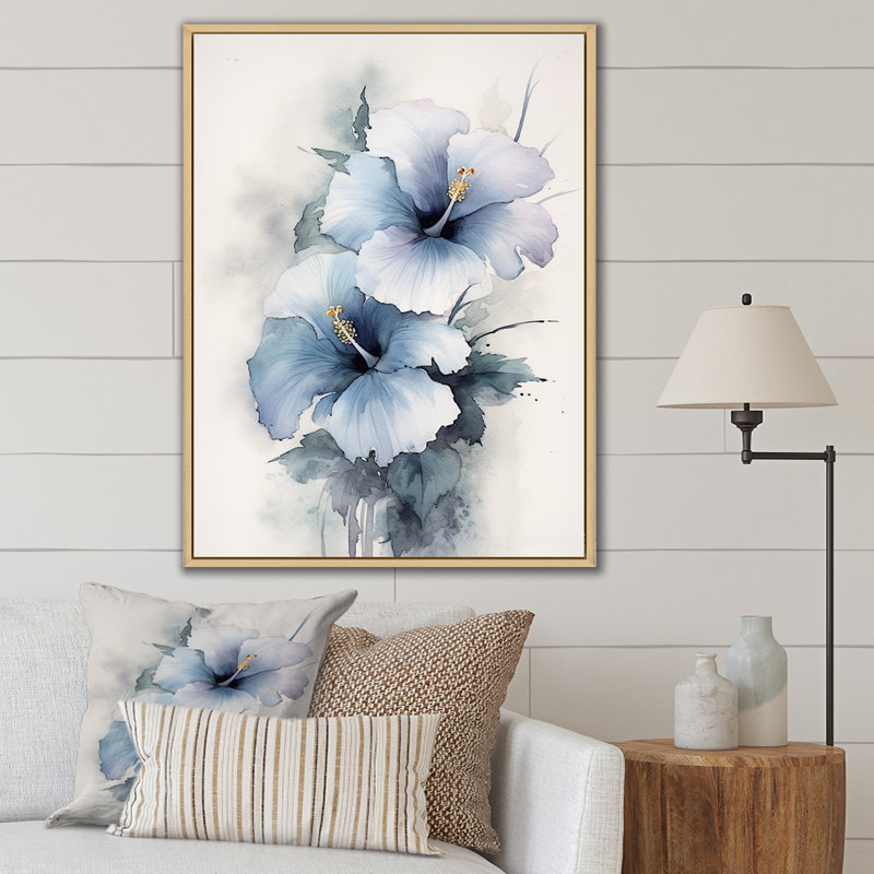 Blue Hibiscus Harmony I, reproduction d'art sur toile, H 44 po x l 34 po x P 1,5 po, Cadre naturel flottant