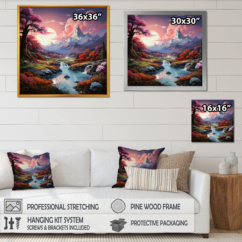 Impression sur toile Mountain Charm Moonlight Fantasy, Cadre flottant doré, H 36 po x l 36 po x P 1,5 po