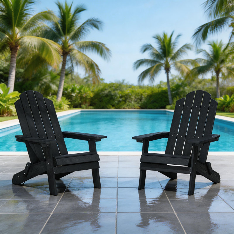All Weather Outdoor HIPS Plastic Folding Adirondack Chair Fire Pit Chairs Oversized Patio Chair, Black