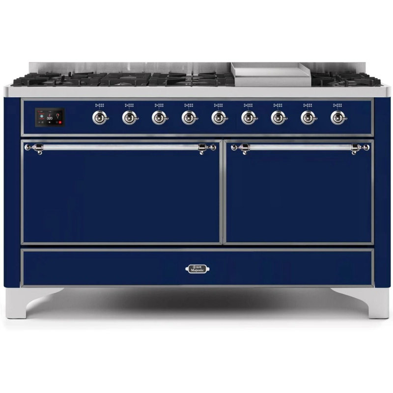 ILVE UM15FDQNS3BKCLP Majestic II 60 inch Dual Fuel Range with 9 Burners, Griddle (Liquid Propane, Solid Door, Glossy Black, Chrome)