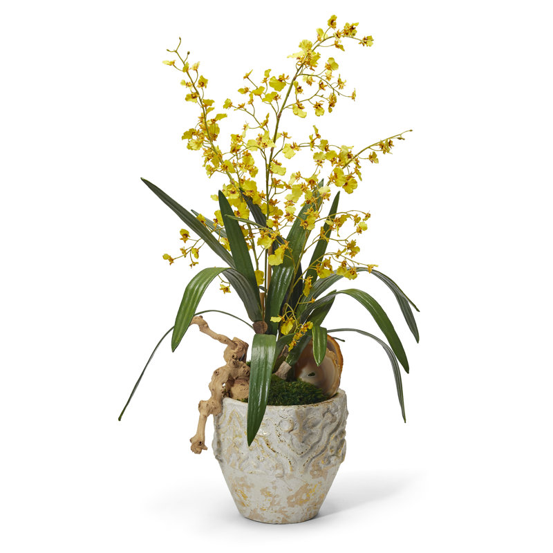 Elegant Yellow Faux Silk Orchid in White Paper Mache Planter