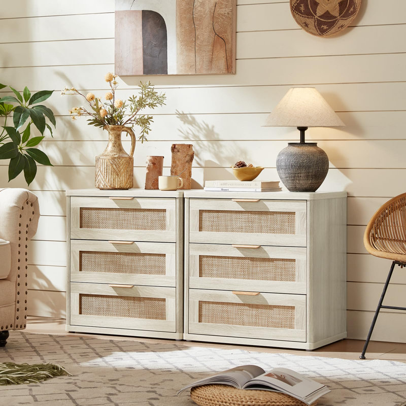Rattan Night Stand with Drawers, 23" Large 3 Drawer Boho Nightstand, Bedside Table Storage Cabinet, Bed Side End Tables Dresser for Bedroom, Living Room, Hallway, Closet