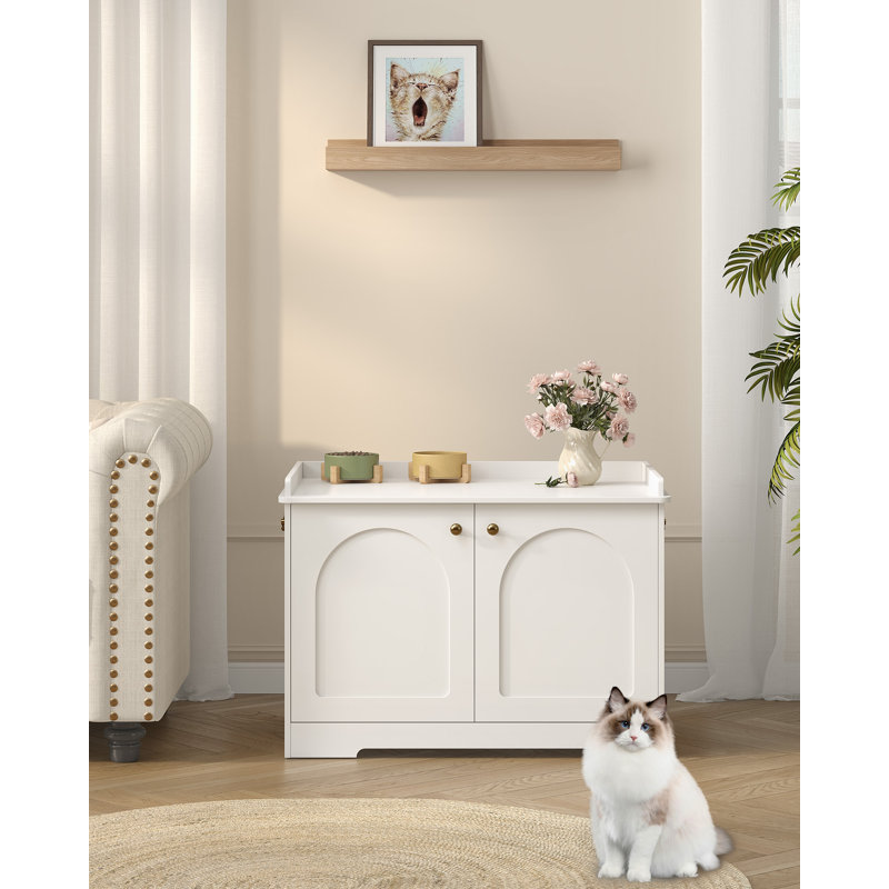 Cat Litter Box Enclosure with Handles, Hidden Litter Box Furniture with Removable Partition, Wooden Pet House Side End Table,19.7 x 31.4 x 22.4inches,White