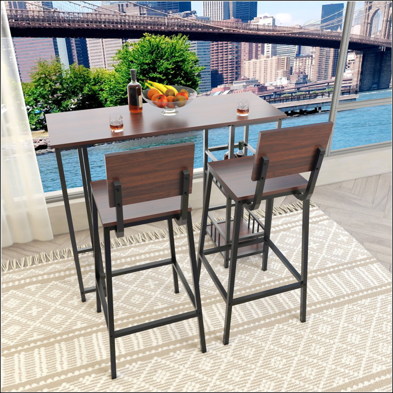 3 Piece Counter Height Bar Table Set with 2 Backrest Stools, Rectangular Pub Table with 2-Tier Storage Shelves, Industrial Wood Grain Design for Small Spaces