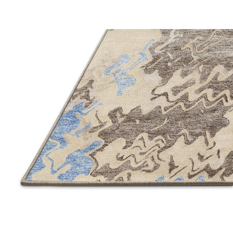 Tapis abstrait gris / beige / bleu, Rectangle 5 pi x 7 pi